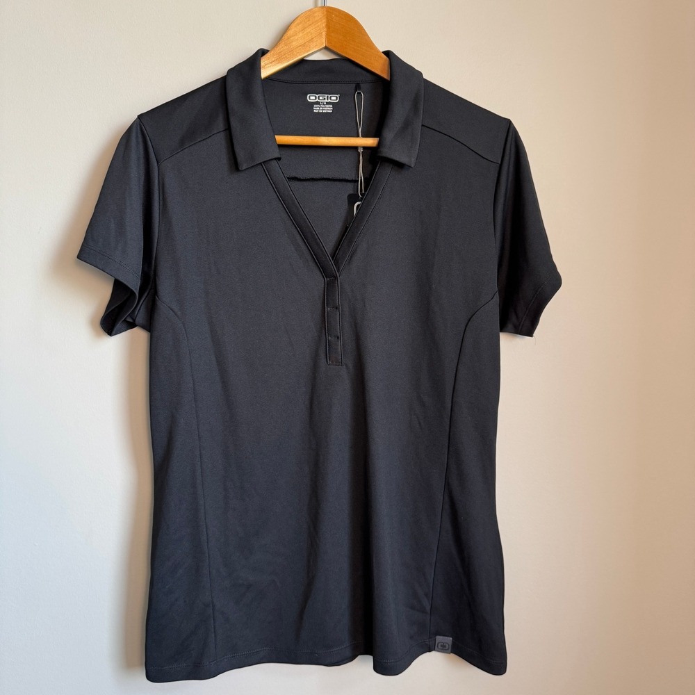 OGIO Women's New Open V-Neck Polo Short Sleeve Shirt Black Size‎ Large Stretch